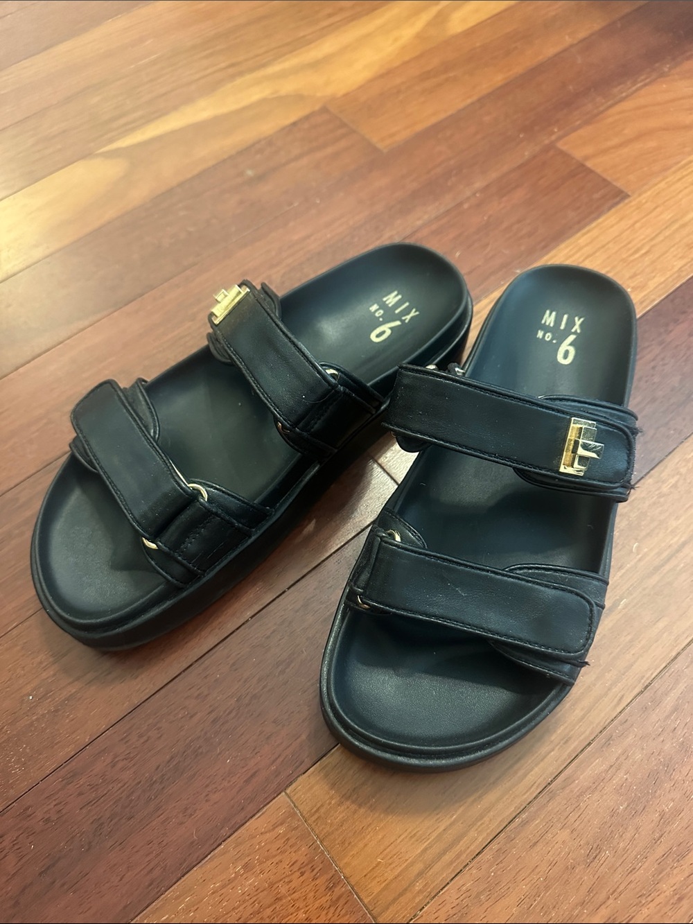 Mix No. 6 Black Platform Slide Sandals with Gold Buckle